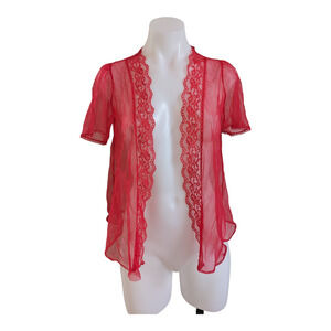 Vintage Frederick's of Hollywood Medium Open Front Sheer Top Robe Red Lace Trim